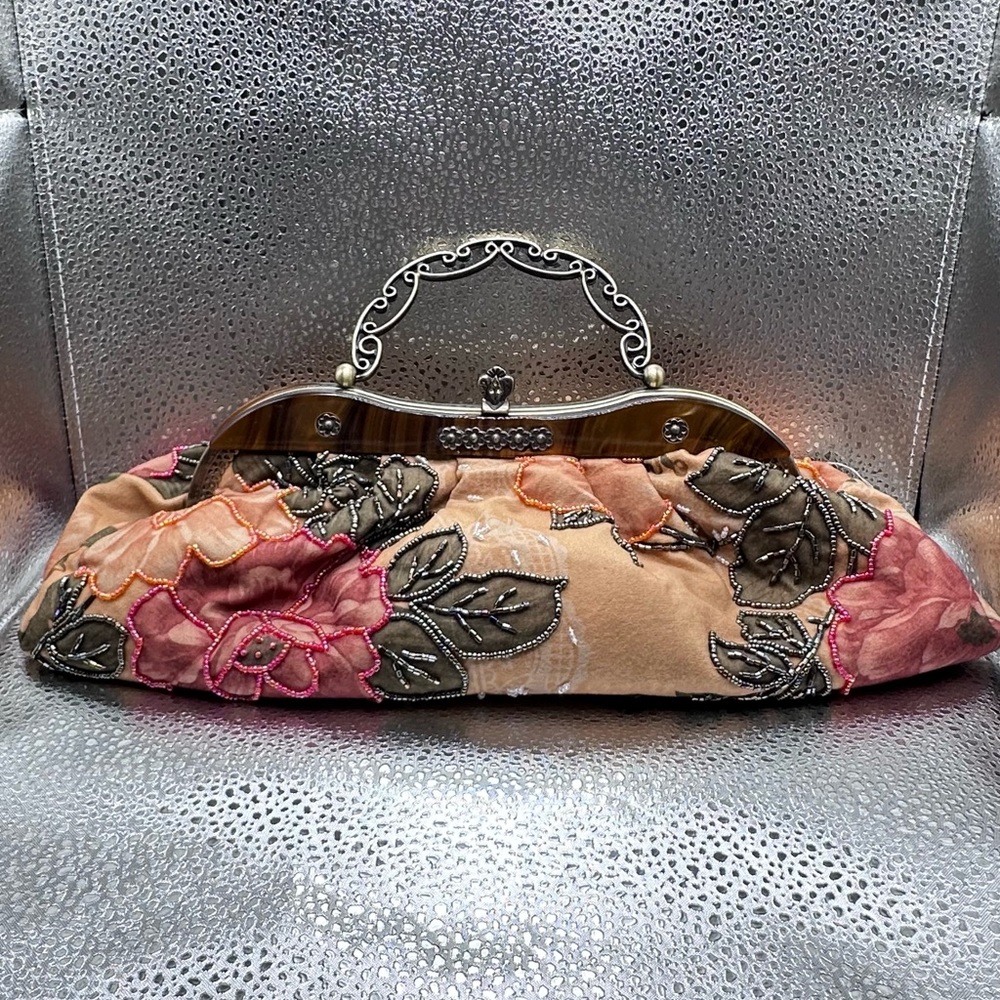 Embroidered Floral Clutch with Ornate Handle